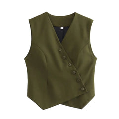 Voguable  CHIC Women Amry green Asymmetric Diagonal Buttons Waistcoat V neck Vest Sleeveless Jacket Coat voguable