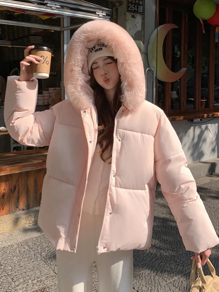 Preppy Style Sweet Parkas Women Cute Long Sleeve Vintage Faux Fox Hooded Cotton Coat Korean Winter Thick Warm New Outwear voguable