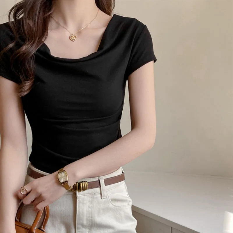 Summer Women's Cropped T Shirts Elegan Slash Neck Short Sleeve Tops Female Korean Slim Office Ladies Basic Tees New voguable