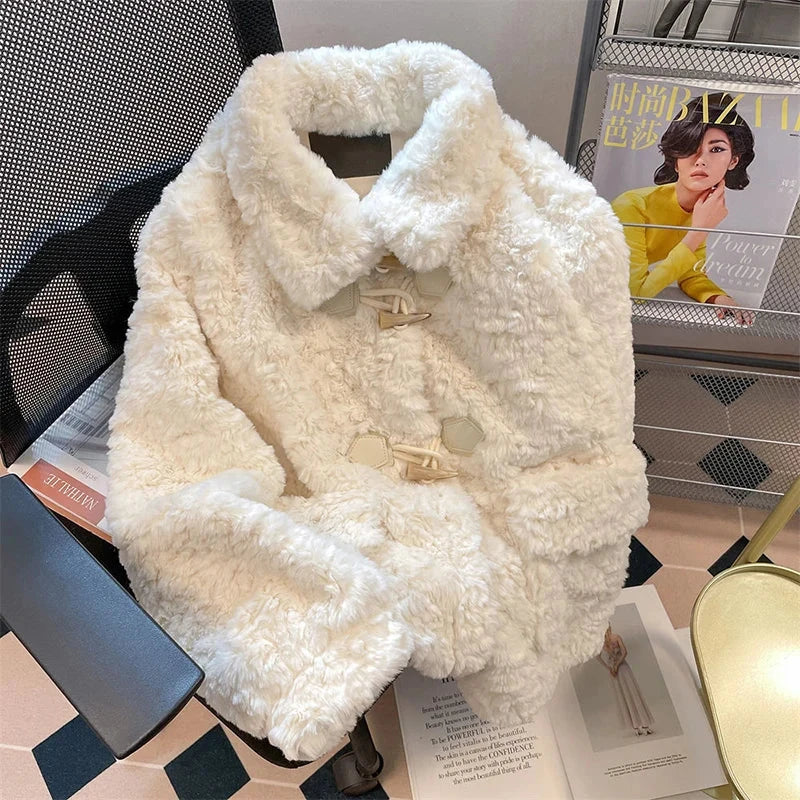 Warm Faux Lamb Cute Coat Women Sweet Long Sleeve Winter Thick Jacket Casual Pockets Japan Kawaii Loose Soft Vintage Tops voguable