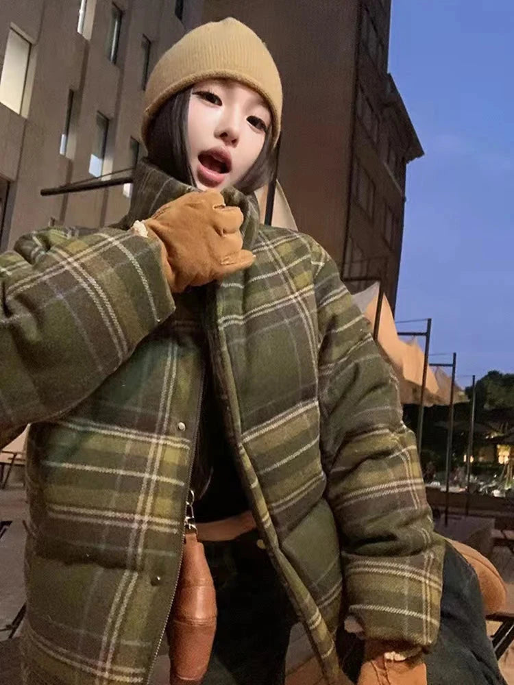 Retro Streetwear Y2K Plaid Parkas Women Winter Warm Thick Hip Hop Cotton Coat American Harajuku Stand Collar Bf Vintage Jacket voguable
