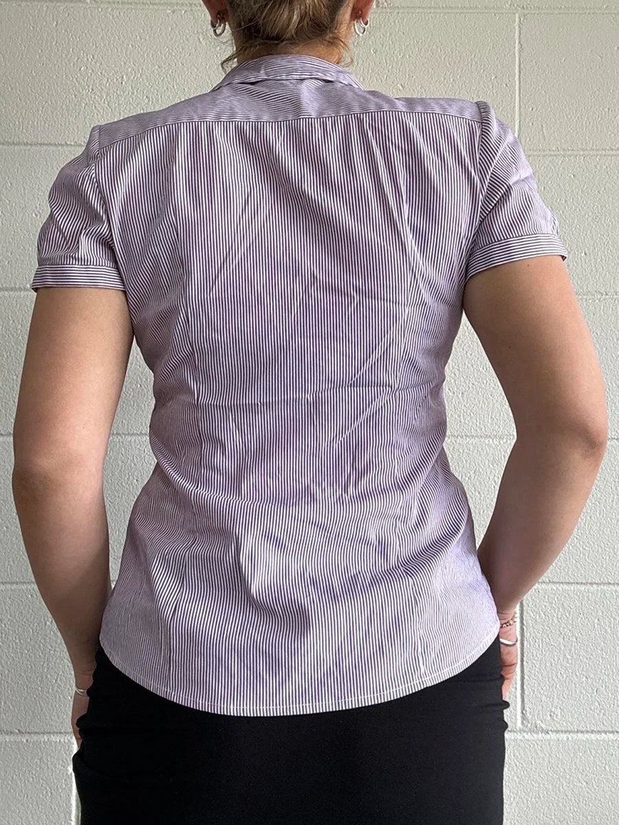 Women s Striped Short Sleeve Shirt with Turn Down Collar and Button Down Detail - Stylish Summer Blouse for Casual Streetwear voguable
