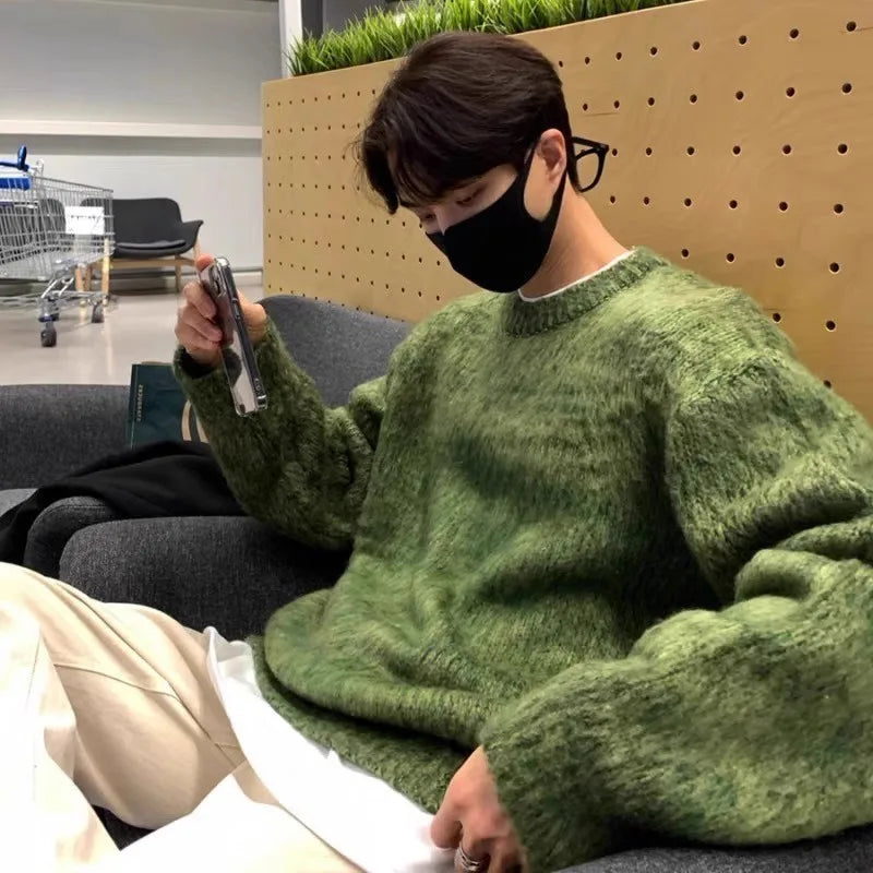 Autumn Clothing Men's Luxury Knitted Mohair Pullover Sweater Casual Long Sleeve Solid Color O Neck Vintage Korean Male Clothes voguable