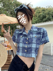 Tassel Cropped Plaid Shirt Women Vintage Streetwear Short Sleeve Sexy Blouse Casual Retro American Summer Short Y2K Tops voguable