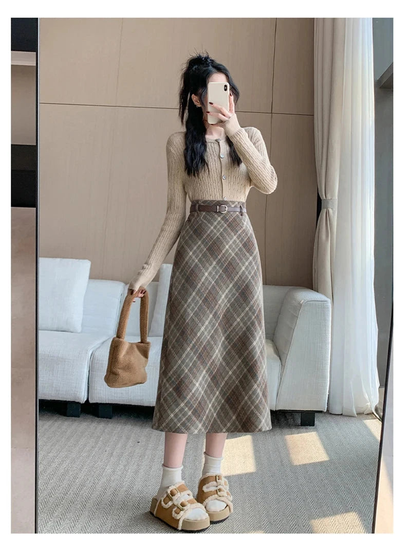 Faux Woolen Plaid Long Skirt Women Vintage Slim High Waist Back Slit Belt Skirts Korean Fall Winter Elegant Long Skirts New voguable