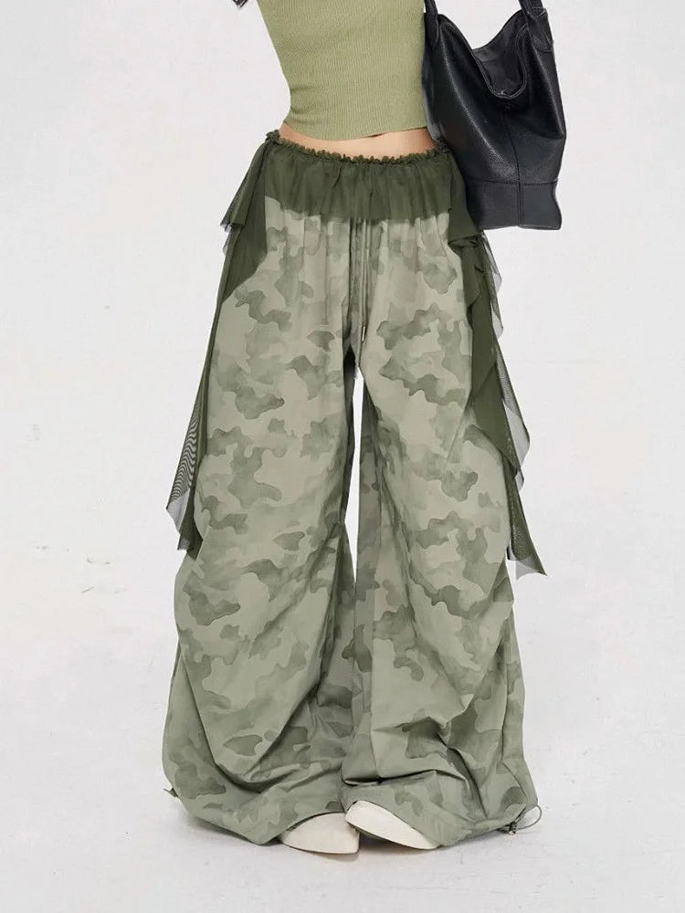 Lace Patchwork Camouflage Pant Women Y2K Hip Hop Streetwear Cargo Trousers Vintage High Waist American Fall Design Wide Leg Pant voguable