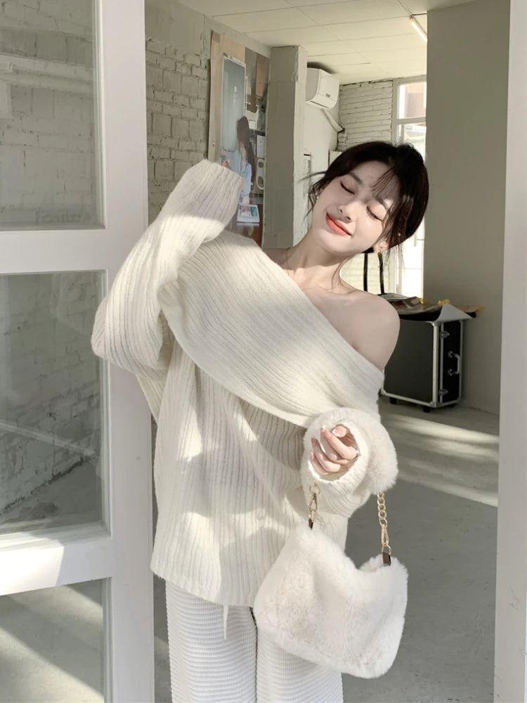Autumn Design Sexy White Knitted Sweater Women Long Sleeve Pure Color Korean Fashion Y2k Clothing Elegant Pullover Female voguable