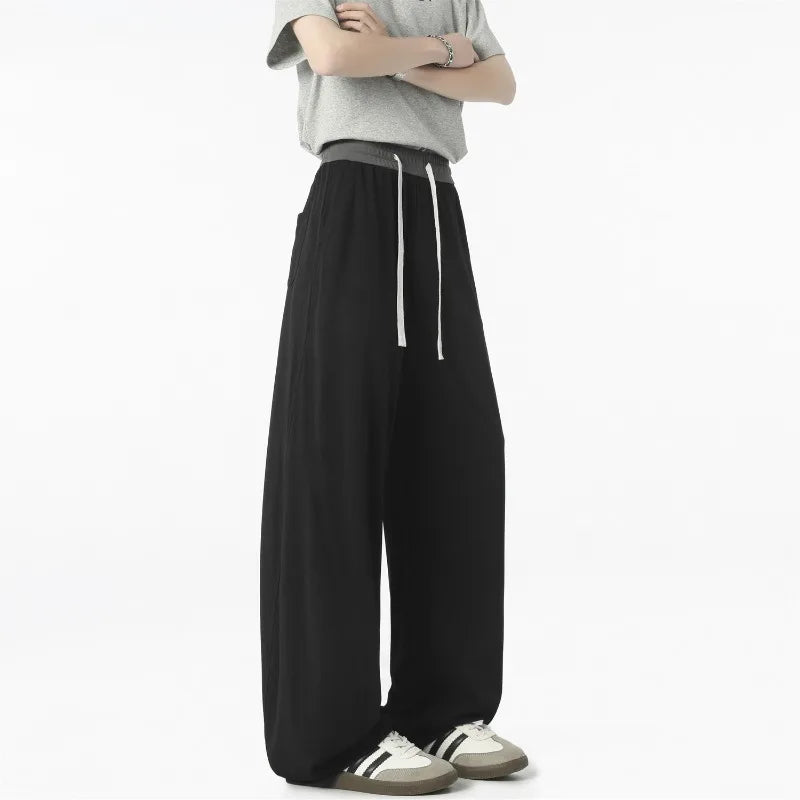 Voguable  Men Summer Thin Ice Silk Quick Dry Pants Color Block Curved Wide Leg Clean Fit Flared Straight Trousers With Drawstring Waist voguable