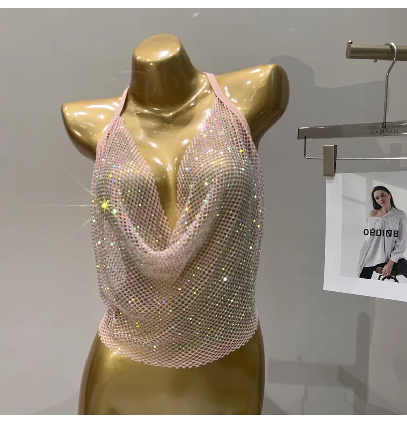 Voguable  Women's Summer Sexy Rhinestone Solid Color Camisole Tie Backless Bandage Corset Top Fashion Peplum voguable