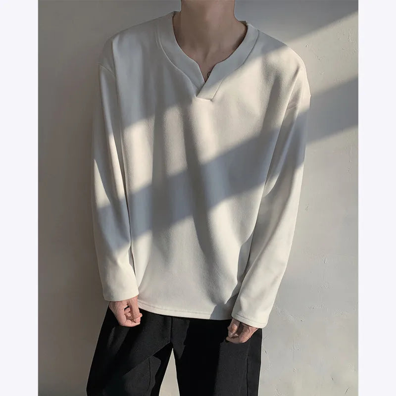 Autumn Long Sleeved T-shirt Men Fashion V-neck Pullover T Shirt Men Streetwear Korean Loose Pullover T Shirt Mens Top M-3XL voguable