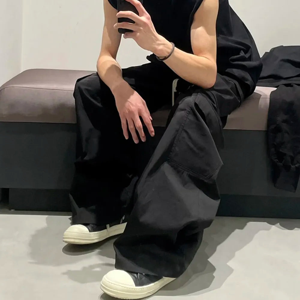 Style Wide Leg Drawstring Black Cargo Pants Unisex Straight Baggy Casual Overalls Men's Streetwear Loose Oversized Trousers