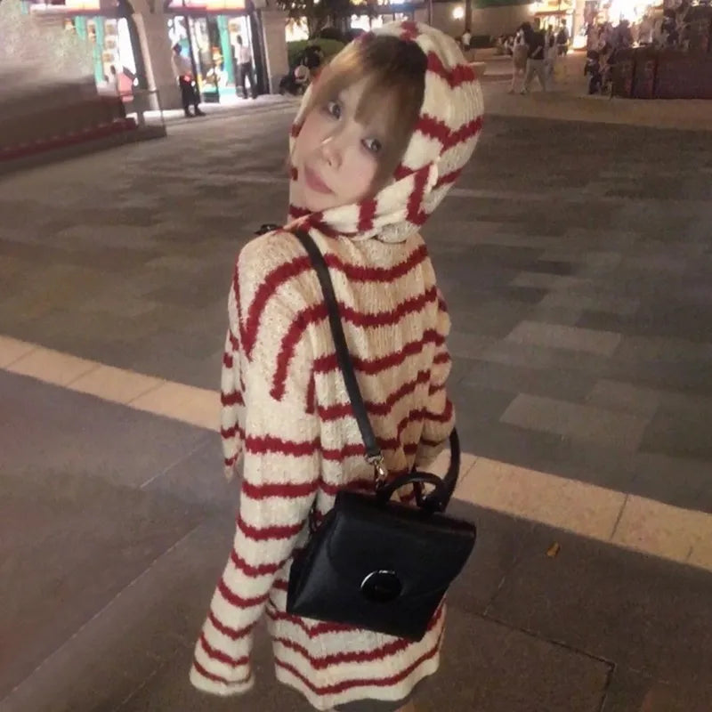 Japanese Y2k Hooded Cardigan 2000s Aesthetics Rabbit Ears Zipper Knitwear Vintage Harajuku Red Stripe Sweater Grunge voguable