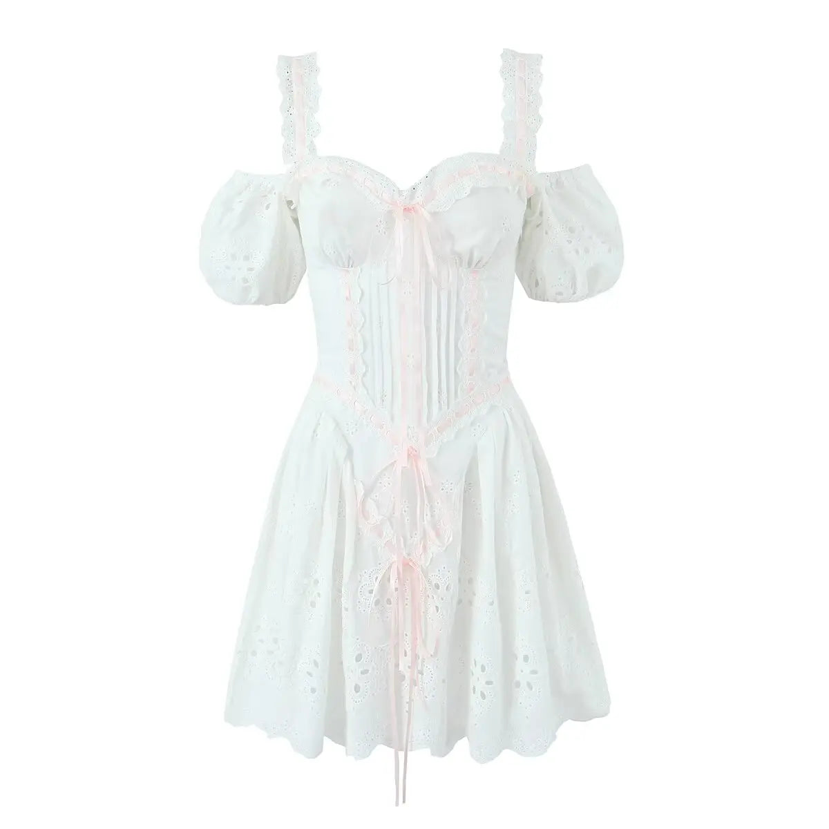 Voguable 3 Ways Wear White Embroidery Dress Short Puff Sleeve Mini Birthday Party Dresses Women Lacing Up Holiday Vacation Dress voguable