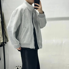 Korean Casual Sweatshirt Jacket Spring Autumn Winter Wear Cityboy Stand Collar Woolen Jacket Men Women Loose Solid Zipper Coat voguable