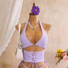 Voguable  Women Solid Textured Bubble Fabric 2 Piece Bikini Set Halter Triangle Lace Up Waist Corser Side Tie Thong Swim Beach Swimwear voguable