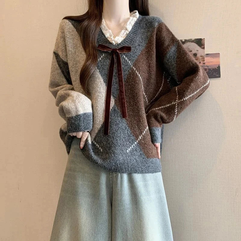 Sweet Bow Argyle Sweaters Women Retro Preppy Style Loose Knitted Pullover Lace Patchwork Long Sleeve Female Vintage Jumpers Fall voguable