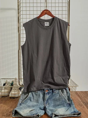 Voguable  Summer New American Retro Sleeveless O-neck Soild Color T-shirt Men's Fashion 100% Cotton Washed Old Casual Sports Vest Tops voguable