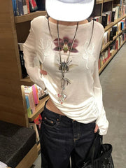 Y2k Printed Off Shoulder T-shirt Sweet Transparent White Long Sleeve T-Shirts Korean Fashion Casual Loose Tops Slim Up voguable