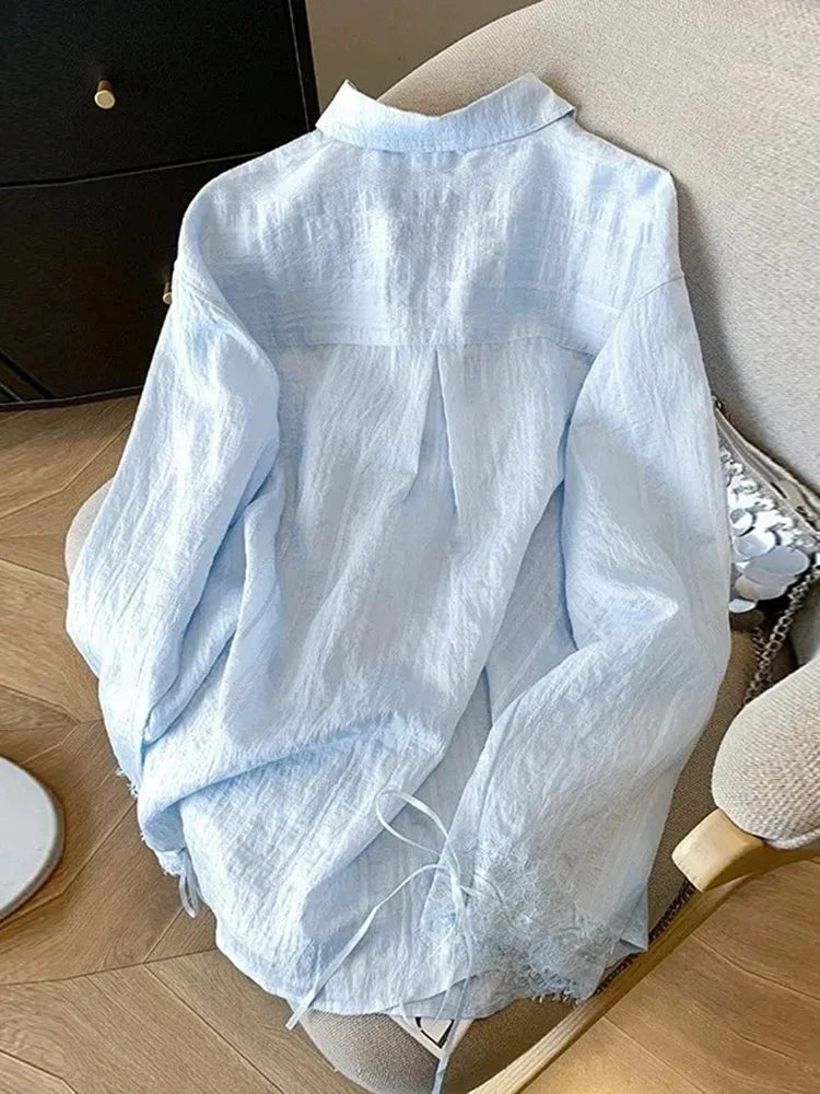 Blue Sweet Sun Proof Shirt Women Lace Patchwork Bow Korean Blouse Loose Fashion Long Sleeve Elegant Female Casual Cute Tops voguable