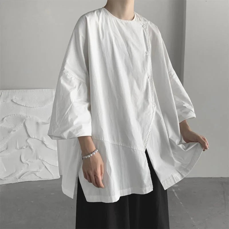 Voguable  Loose Men's Oversize Shirt Asymmetric Silhouette Seven-Quarter Sleeve Dark Style Casual Summer Top Male Fashion Clothing voguable