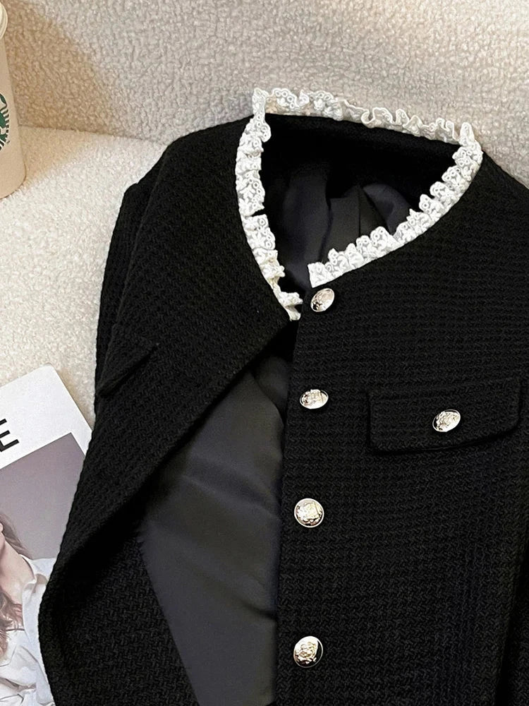 Black Slim Elegant Tweed Jacket Women Vintage Lace Patchwork Long Sleeve Sweet Coat Fall Winter French Casual Retro Tops voguable