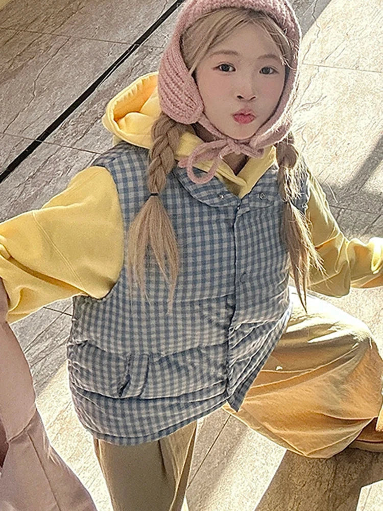 Cute Blue Plaid Puffy Vest Women Loose Vintage Sleeveless Warm Thick Winter Sweet Vest Coat Korean Preppy Style Outwear Top voguable