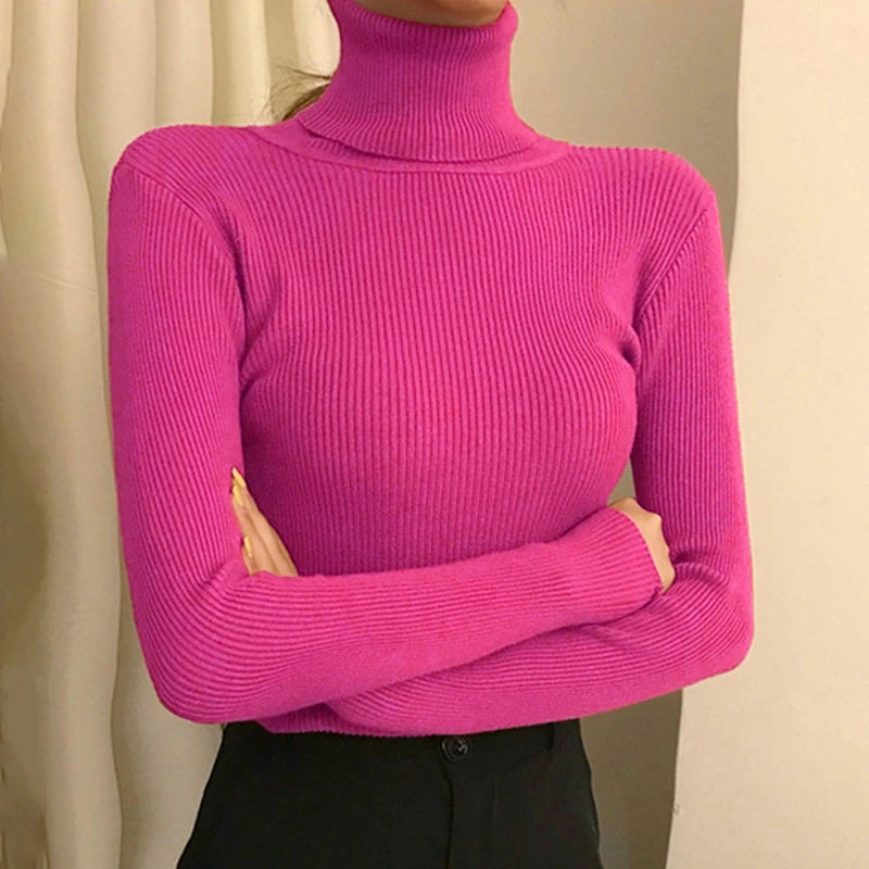 Elegant Solid Basic Knitted Tops Women Turtlneck Sweater Long Sleeve Casual Slim Pullover Korean Fashion Simple Chic Clothes voguable