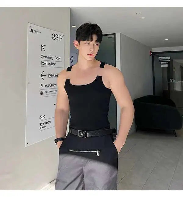 2025 New Fashion Male Vest Patchwork Personality Sleeveless Top Men's Solid Color Slim T-shirt Spring Trendy 9A8204 voguable