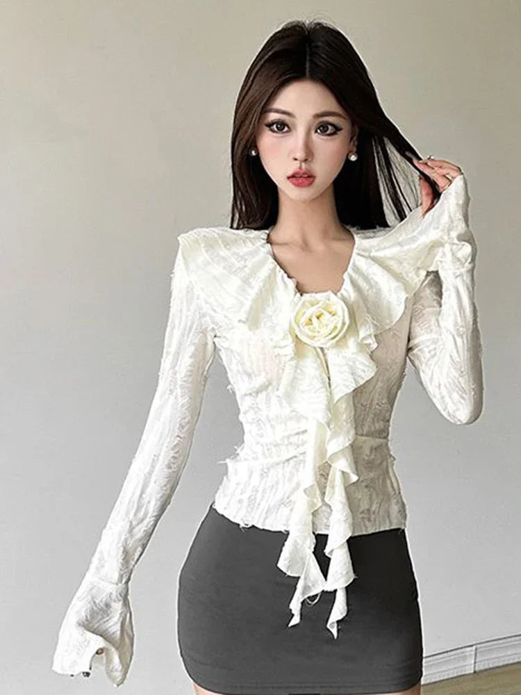 3D Floral Ruffles Y2K T Shirts Women Slim Long Sleeve Hole Gothic Tops Streetwear Harajuku Vintage Lady V Neck Design Tees voguable