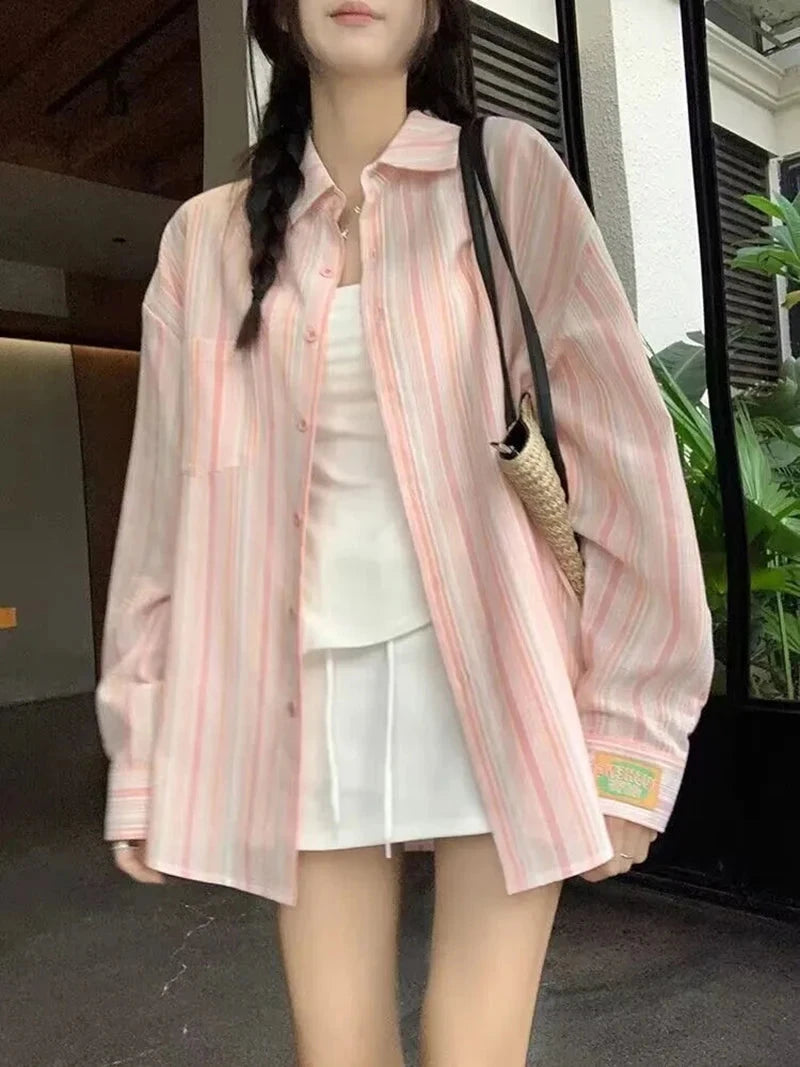Sweet Casual Women Striped Shirts Loose Long Sleeve Vintage Cotton Linen Sun Proof Blouse Korean Preppy Style Letter Retro Tops voguable