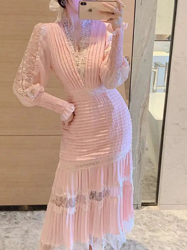 V-neck Lantern Sleeve Lace Stitching Midi Dress Female Clothing Slim Party Dresses For Women Elegant 2025 Summer New voguable