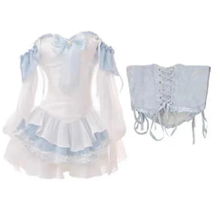 Voguable 2024 Summer Blue Lolita Clothing Suit Slim Vest + Kawaii Y2k Mini Dress Elegant Short Party Dress Japanese Style Fashion Suit voguable