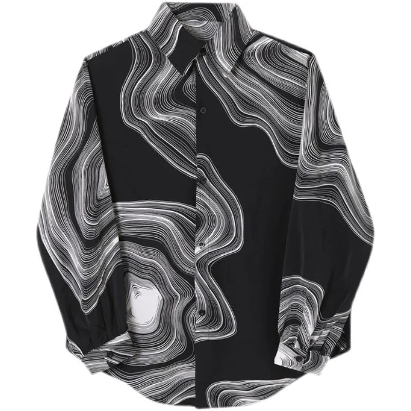 Voguable  Autumn Winter New Fashion Temperament Casual Simple Blouse Man Design Print Geometric Y2K Loose Top Shirt Men Streetwear Clothes voguable