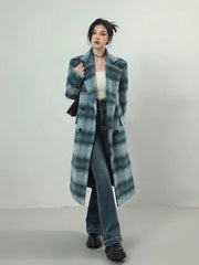 Autumn Winter Long Warm Colorful Blue Plaid Woolen Coats for Women Shoulder Pads Double Breasted Korean Fashion voguable