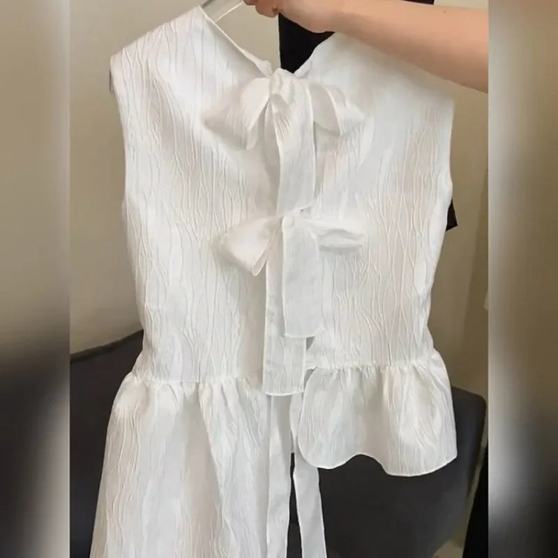 Voguable  Elegant Fashion O-neck Bow Lace Up Tank Top Summer New Ruffles Vest for Women Y2k Irregular Sleeveless Blouses voguable