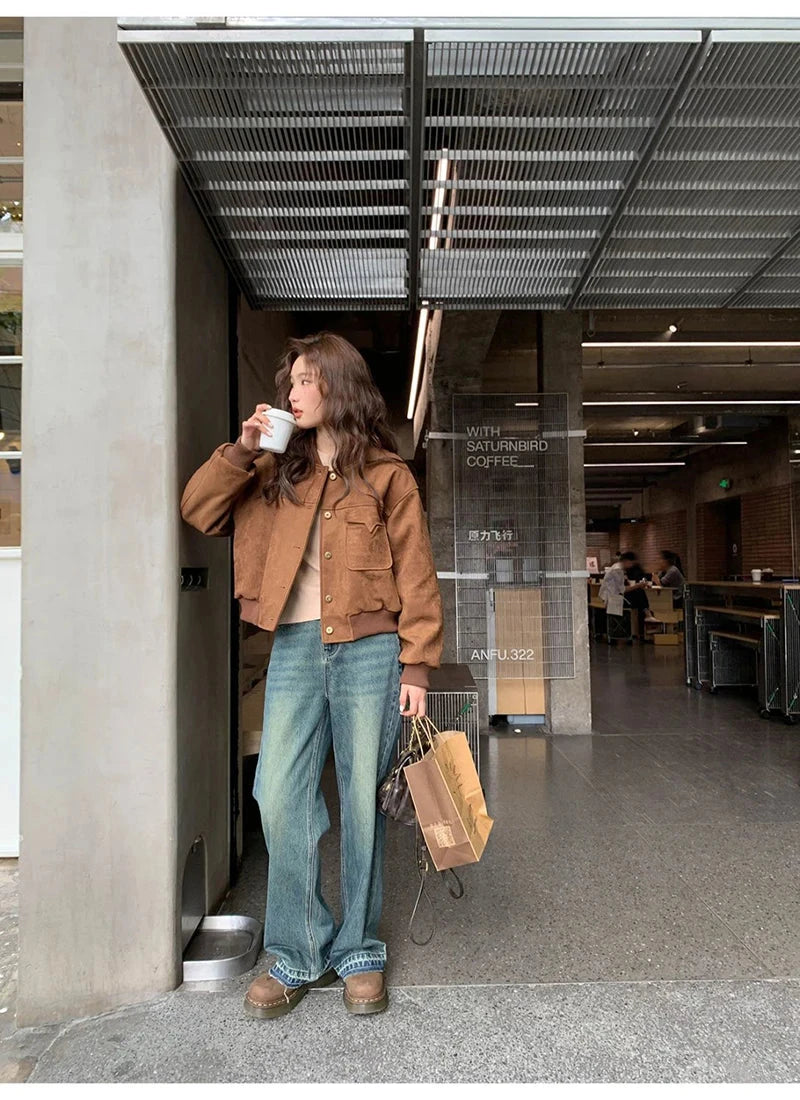 Y2K Retro Baseball Jacket Women Faux Suede Long Sleeve Fall Winter Coat Streetwear Casual American Vintage O Neck Bf Tops voguable