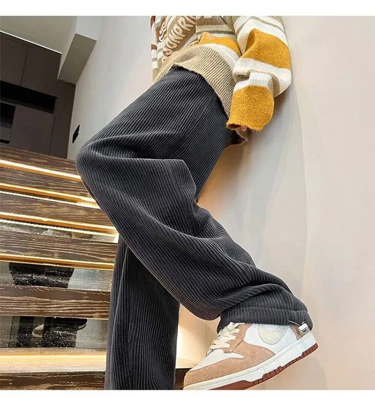 Autumn Corduroy Straight Trousers Men Loose Solid Casual Drape Trousers Harajuku Fashion Drawstring Street Wide Leg Sweatpant voguable