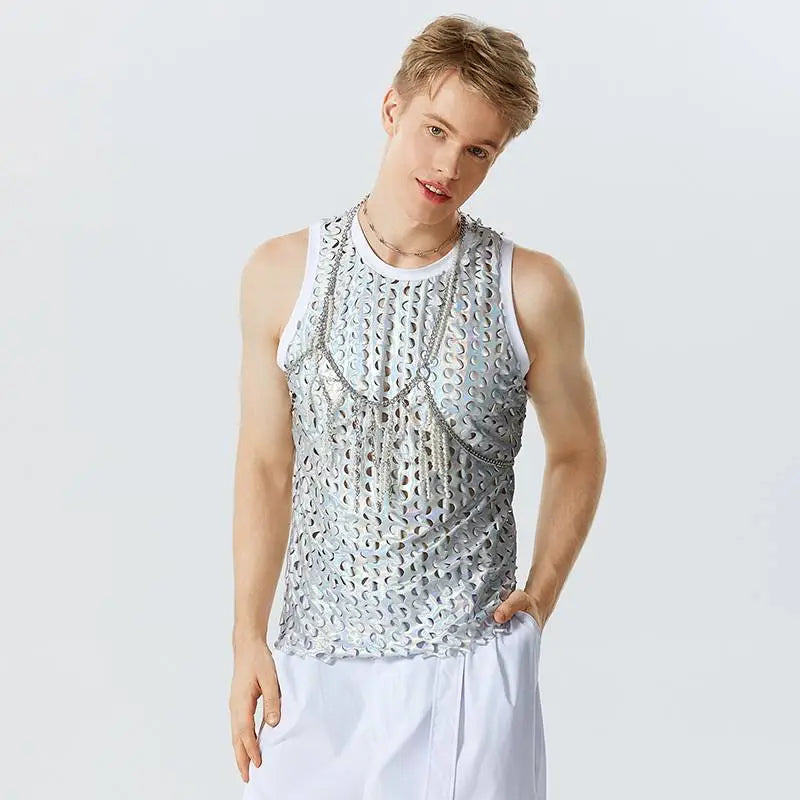 Men Tank Tops Sparkling O-neck Sleeveless Streetwear Hollow Out Vests Summer Sexy Fashion Party Men Clothing S-5XL voguable