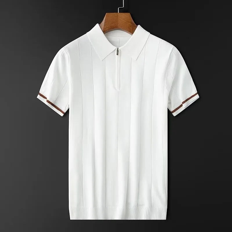 New Men's Clothing Light Luxury Business Knit Zipper Polo Shirt Leisure Short Sleeve Korean Popular Clothes Retro Knitwear M-3XL voguable