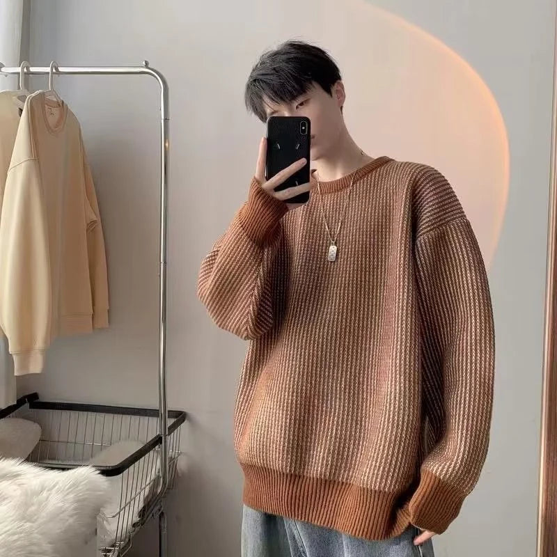 Voguable Striped Knitted Sweater Coat Men Japanese Oversize Casual Autumn Winter Loose O-neck Pullovers for Man Streetwear voguable