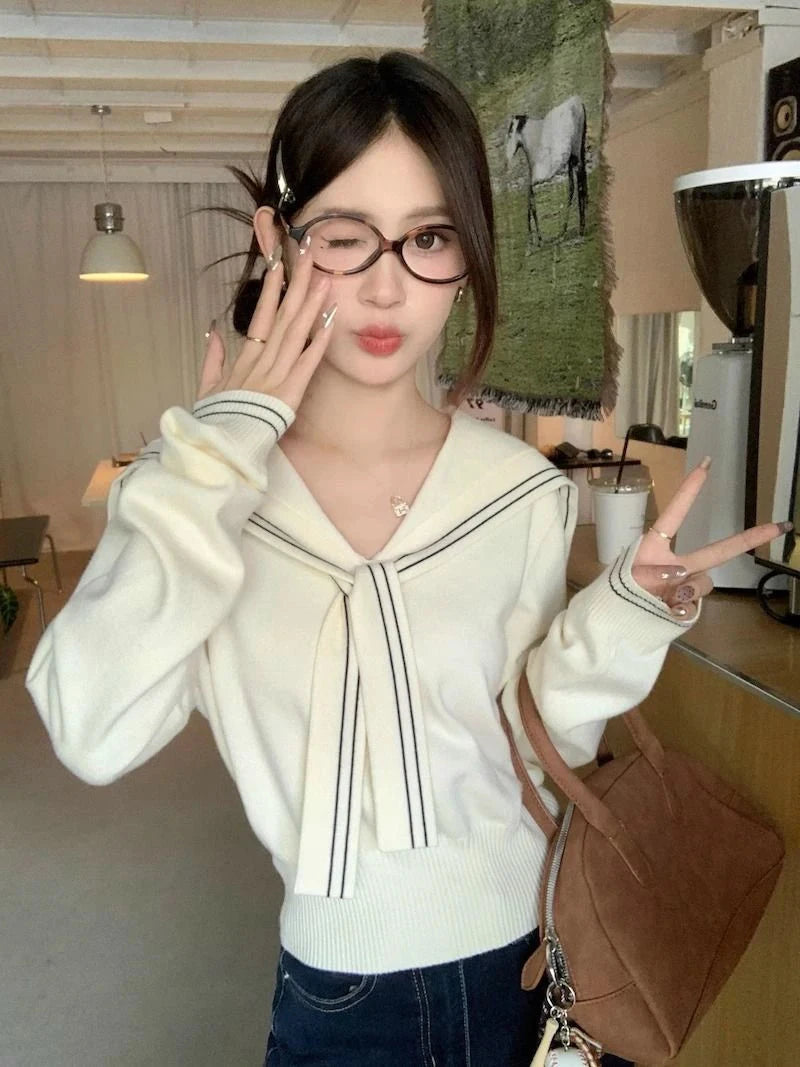 Sweet Sailor Collar Sweaters Women Vintage Preppy Style Fall Knitted Jumpers Casual Long Sleeve Lady Loose Striped Pullover New voguable