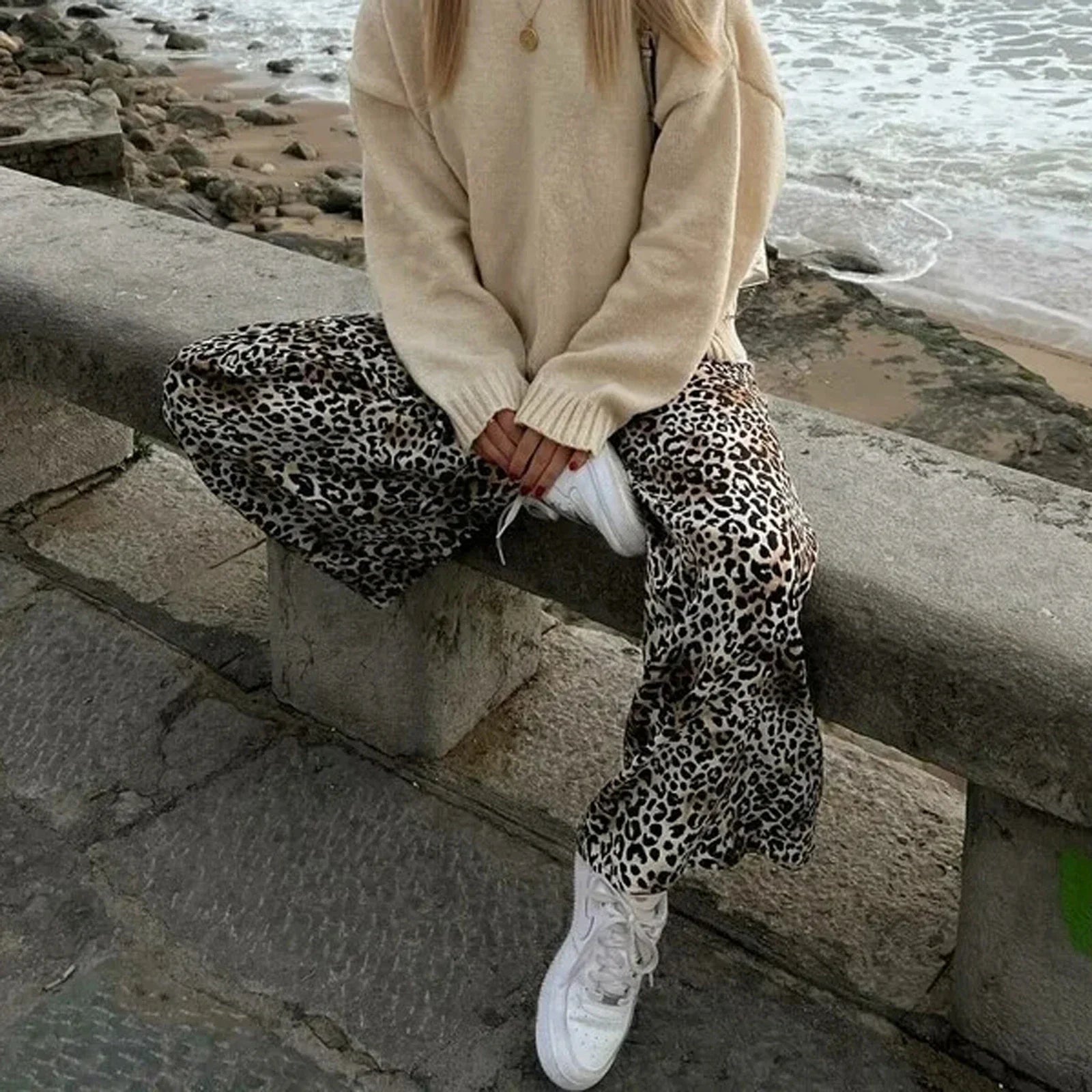 Fashion Vintage Leopard Print Wide-leg Pants Women Casual High-waisted Trouser Spring Summer Office Lady Clothes Streetwear Pbong