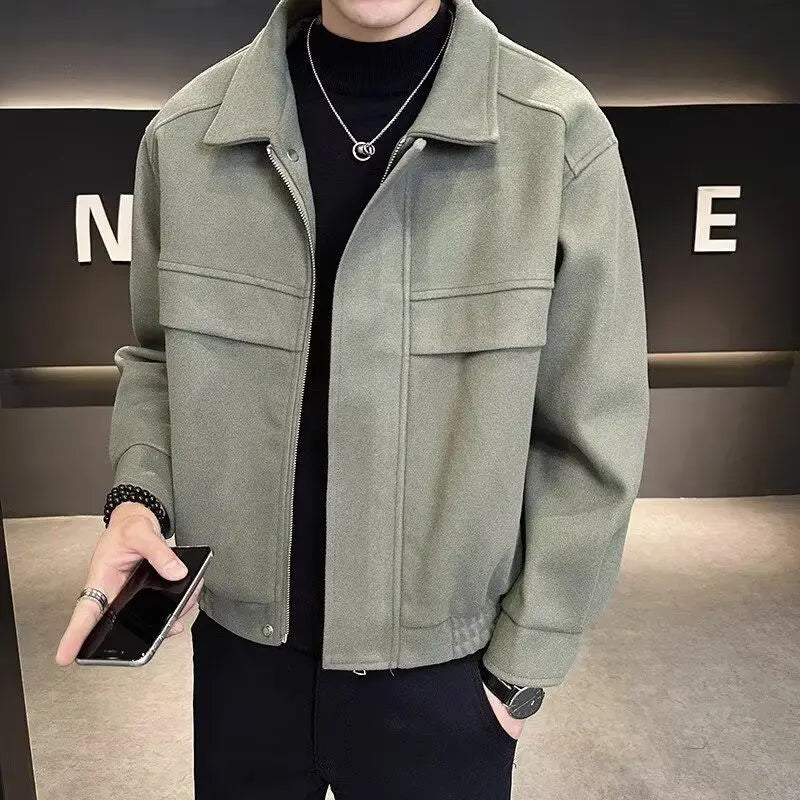 Korean Fashion Short Woolen Coat Men Loose Casual All-match Lapel Zipper High-end Men Clothing Woolen Jackets for Men Top M-3XL voguable