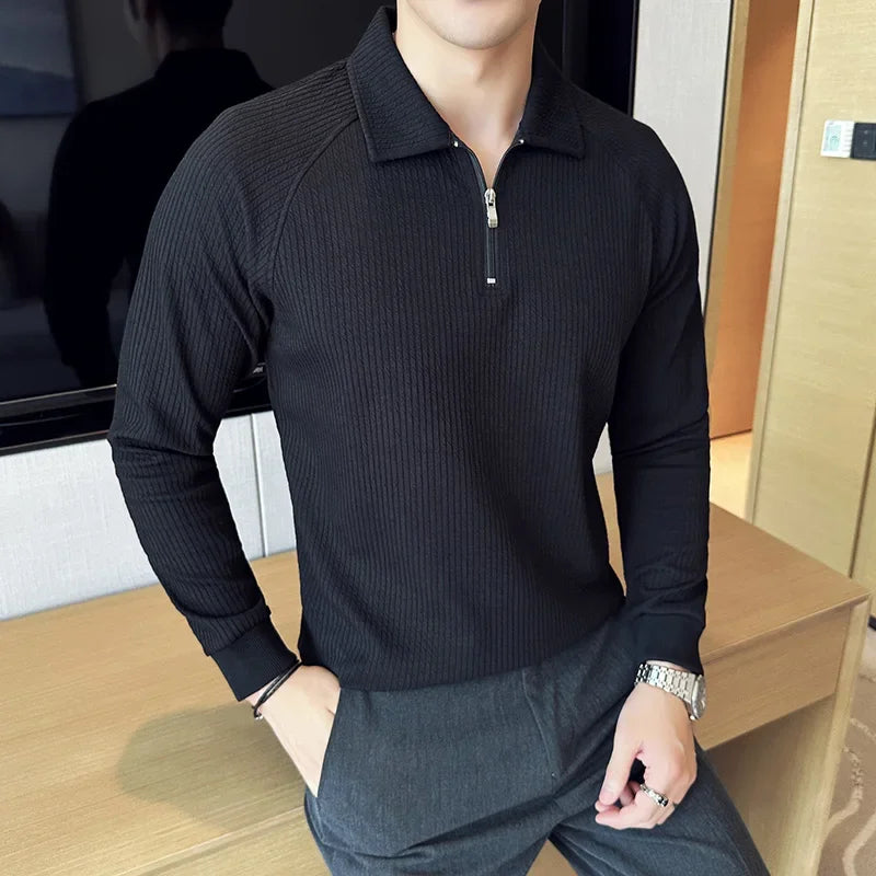 Men High Elastic Long Sleeve Polo Shirts 2024 Autumn Winter Knitted Pullover Turn Down Collar Slim Fit Solid Casual Tee Shirt voguable