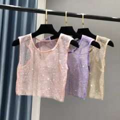 Voguable  Hot Girl Y2k Small Vest Summer New H Vest with Short Vest and Shiny Women's Round Neck Top voguable