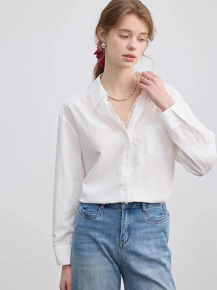 Lace Patchwork White Shirt Women Elegant Long Sleeve Vintage Blouse American Casual Autumn Female Sweet Pocket Retro Tops voguable