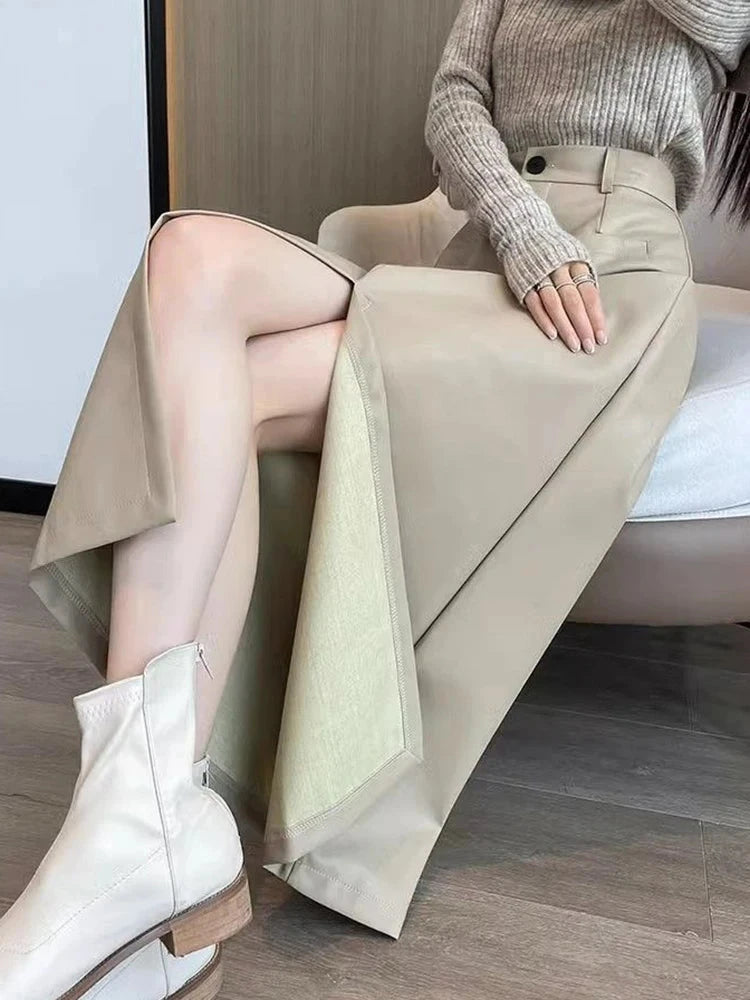 Sexy Slit Pu Long Skirt Women High Waist Slim Vintage Skirts Casual Fall Winter Lady Solid Retro American Streetwear Long Skirt voguable