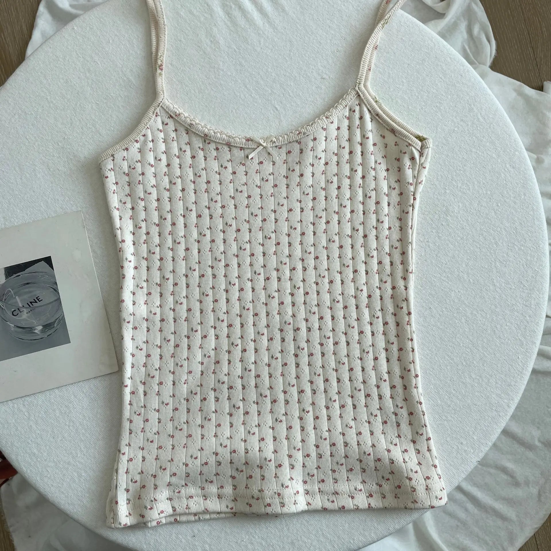 Floral Eyelet Bow Cotton Crop Tops Summer Lace Trim Sleeveless Slim Tank Top Women Preppy Style Sweet Camisole Y2k Clothes voguable