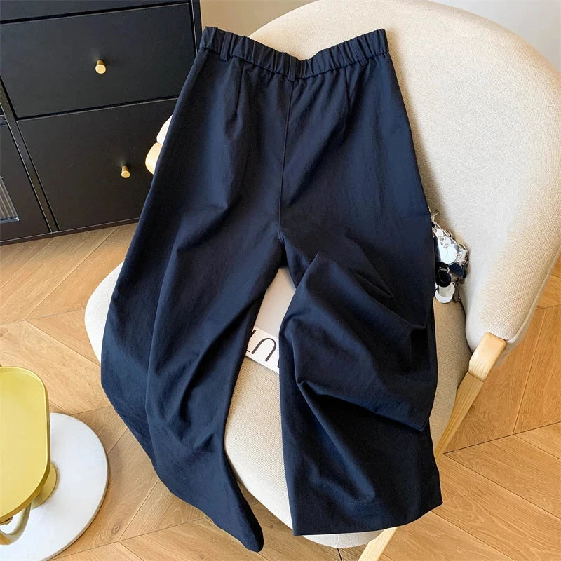 Casual Elegant Wide Leg Pant Women Vintage High Waist Loose Korean Trousers Fall Winter Pockets Solid Simple Retro Pants voguable