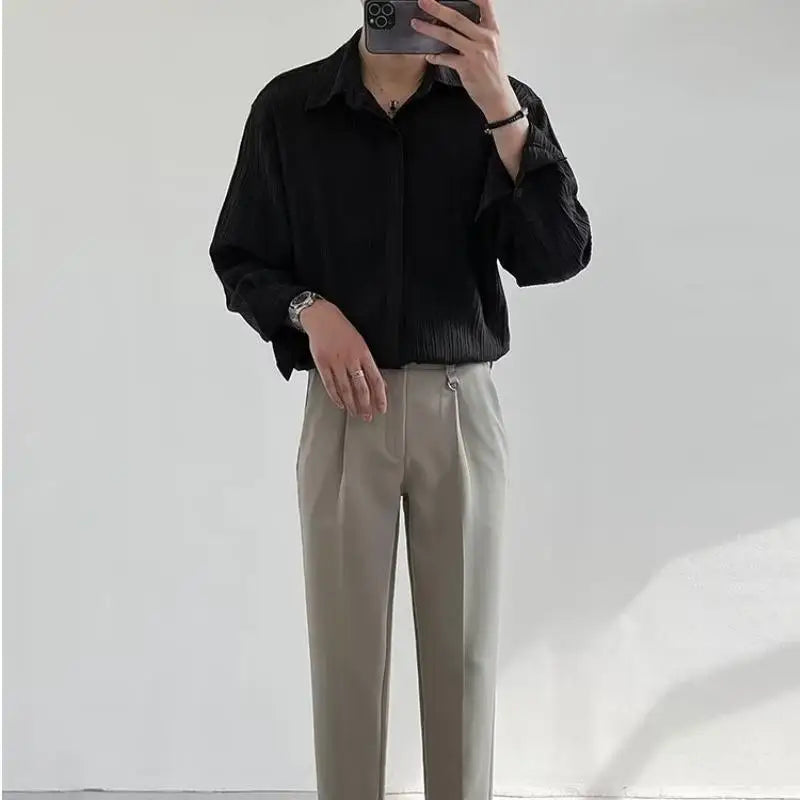 Voguable Black Apricot White Long-sleeved Shirt Men Fashion Social Men Dress Shirt Korean Loose Casual Pleated Shirts Men Formal Shirt voguable